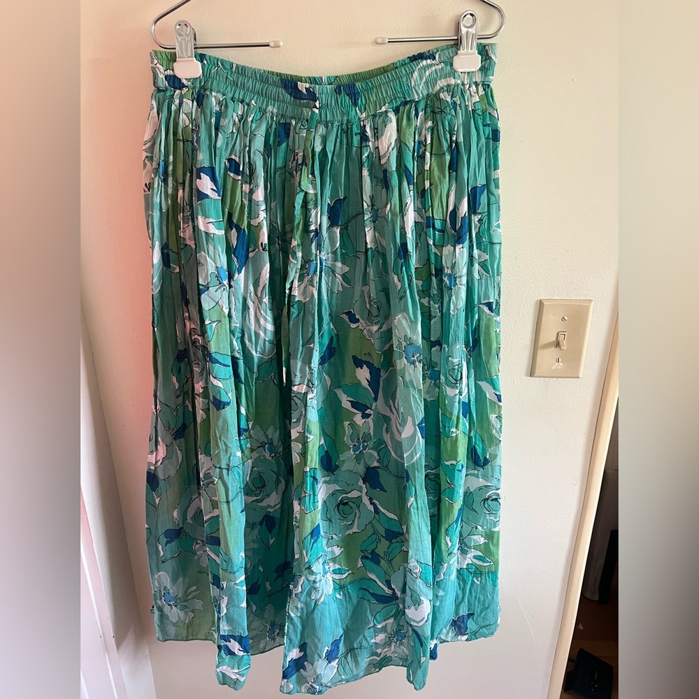 100% Cotton Vintage Blue and Green Floral Maxi Skirt with Elastic Band Large - Picture 1 of 8